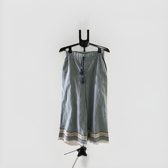 Matilda Jane Pants - Womens Blue Striped Cropped Pants Elastic Waist Drawstring Tassel Frayed Hem